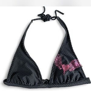 Xhilaration Black Polka Dot Bikini Top with Pink Heart Wing Print